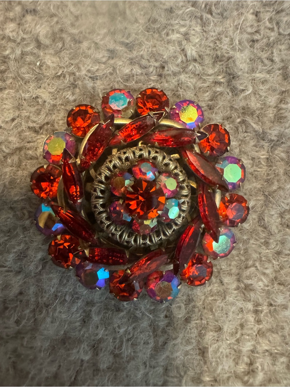Red Aurora Borealis Crystal Cluster Brooch